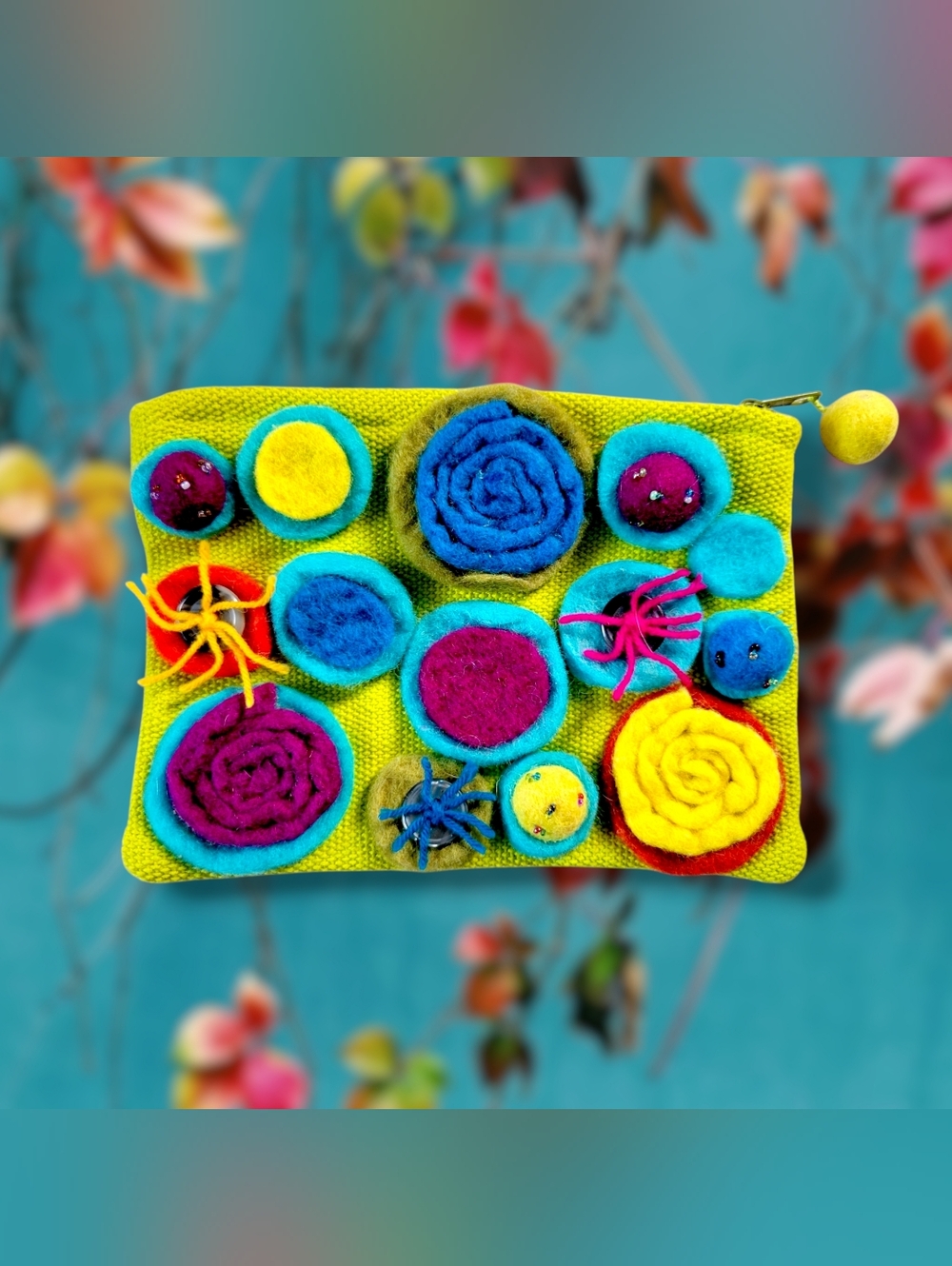 Rising Tide | Funky Chartreuse Multicolor Felt Circle Appliques Zip Knit Pouch